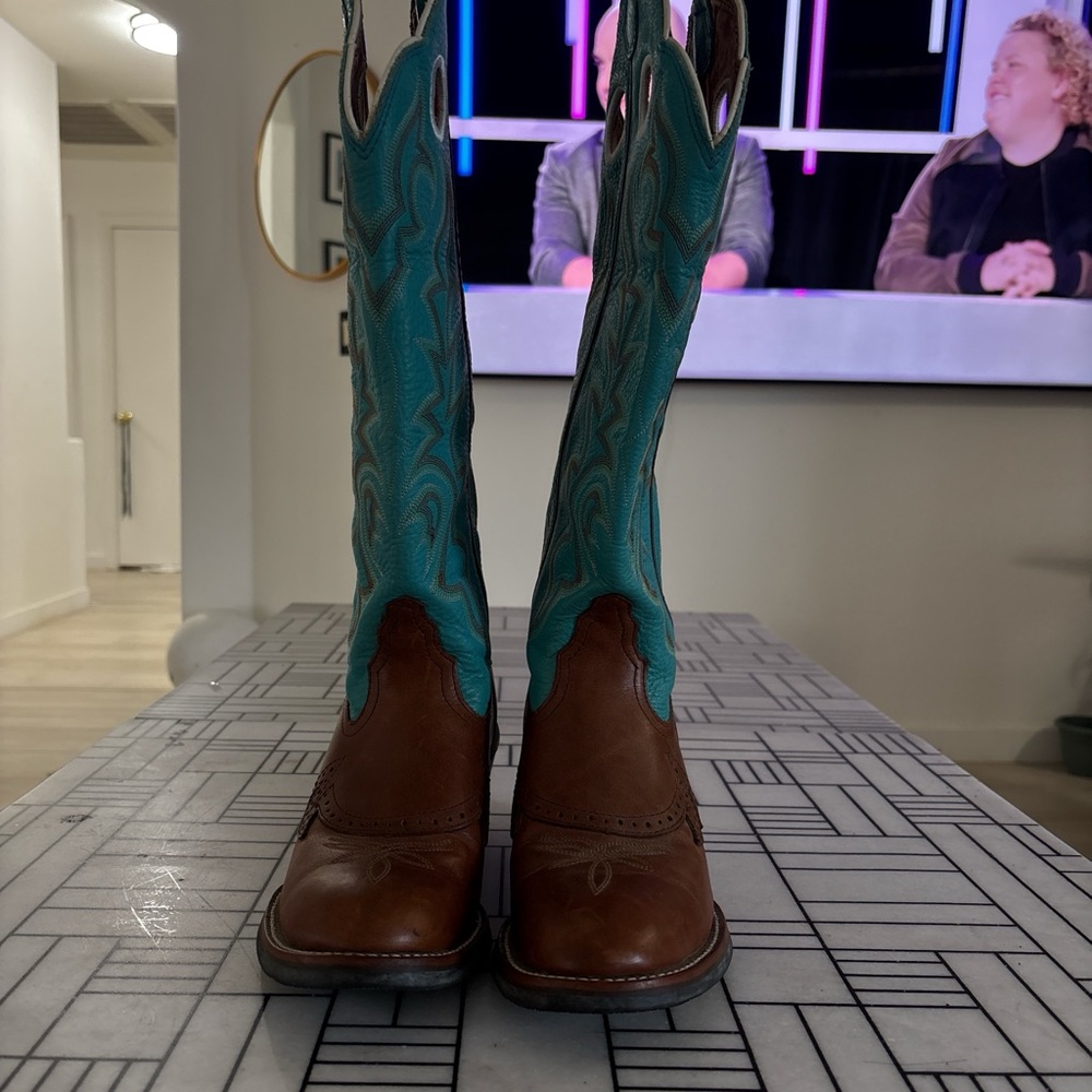 Tony Lama Turquoise and Brown Heeled Boots